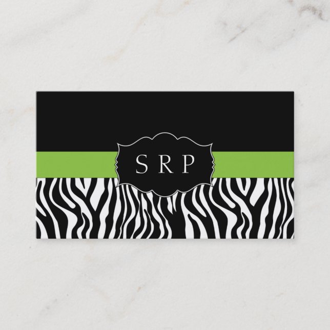 Elegant Green Zebra Monogram Business Cards (Front)