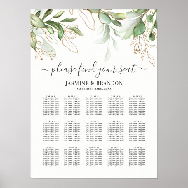Elegant Greenery 15 Table Wedding Seating Chart (Front)