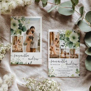 Elegant Greenery 5 Photo Collage Rustic Wedding Invitation