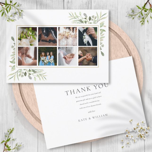 Elegant Greenery 8 Photo Collage Wedding Thank You Card (Elegant Greenery 8 Photo Collage Wedding Thank You Card)