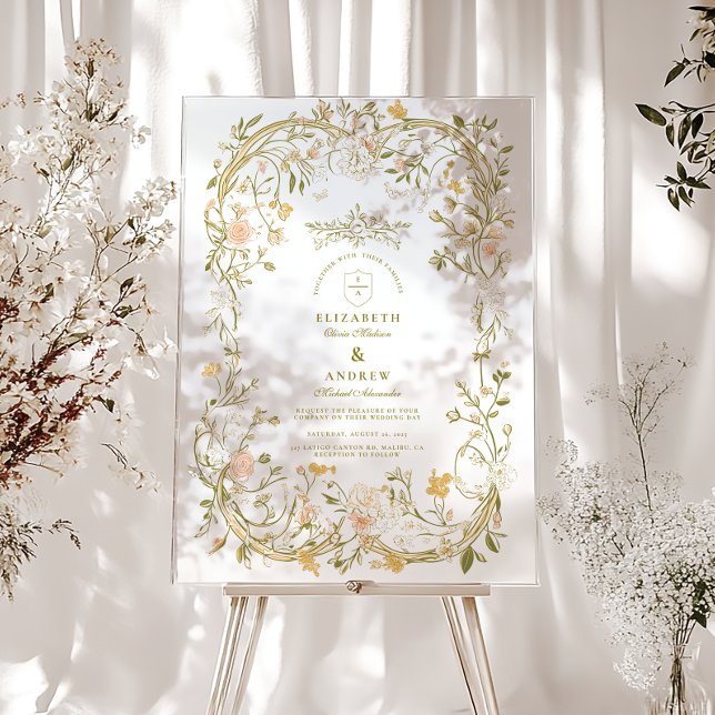 Elegant Greenery and Blush Floral Frame Wedding Acrylic Sign (Creator Uploaded)