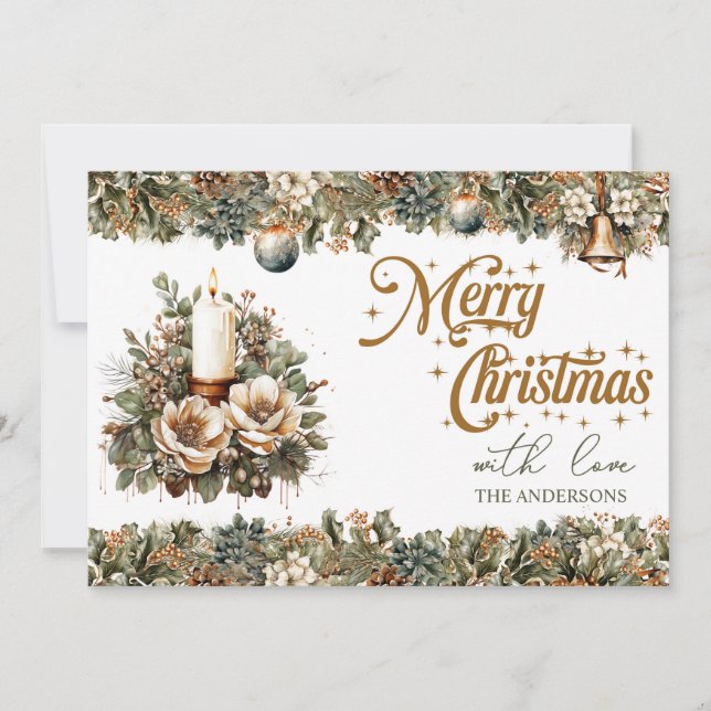 Elegant greenery and gold Christmas candles  Holiday Card (Front)