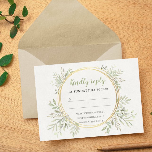 Elegant Greenery And Gold Frame Wedding RSVP Card (Creator Uploaded)