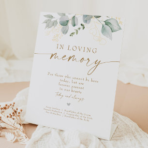 Elegant Greenery and Gold In Loving Memory Wedding Pedestal Sign