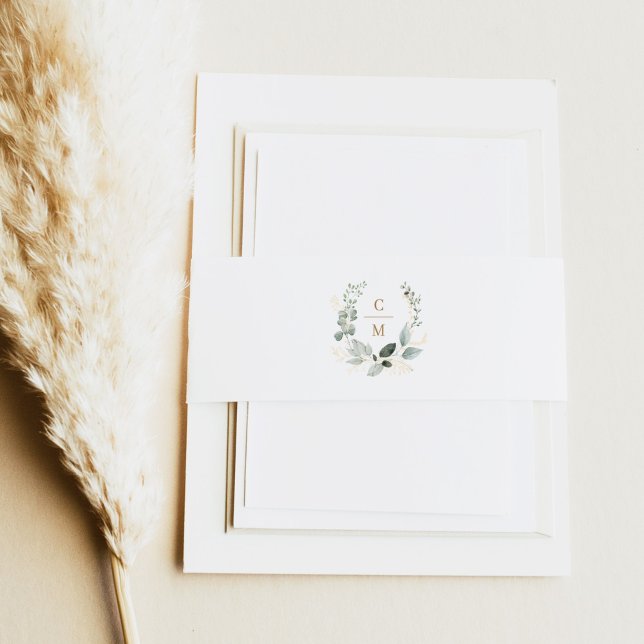 Elegant Greenery and Gold Initial Wedding Invitation Belly Band (Creator Uploaded)