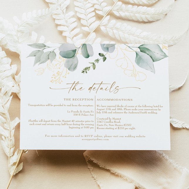 Elegant Greenery and Gold Wedding Details Card (Creator Uploaded)