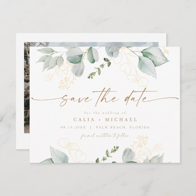 Elegant Greenery and Gold Wedding Save the Date Invitation (Front/Back)