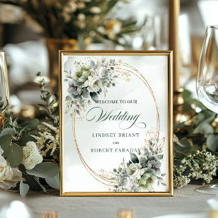 Elegant Greenery and Gold Wedding Welcome Sign