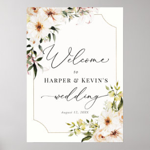 Elegant Greenery and Ivory Florals Wedding Welcome Poster