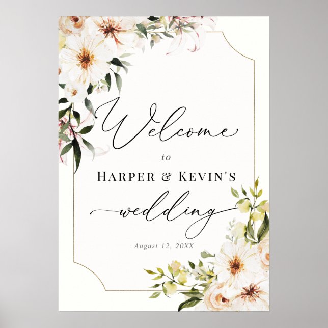 Elegant Greenery and Ivory Florals Wedding Welcome Poster (Front)