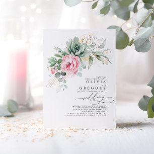 Elegant Greenery and Pink Flowers Wedding Invitation