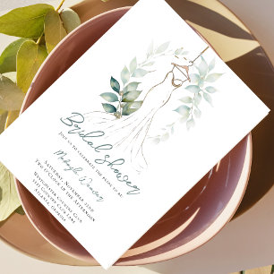 Elegant Greenery and Wedding Dress Bridal Shower Invitation