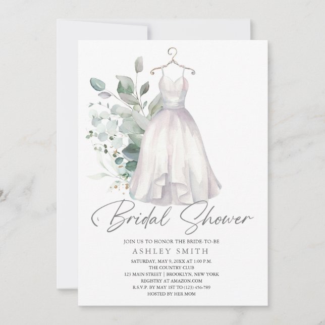 Elegant Greenery and Wedding Dress Bridal Shower Invitation (Front)