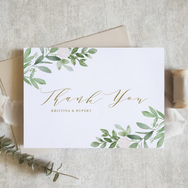Elegant Greenery and White Flowers Gold Wedding Thank You Card (Creator Uploaded)