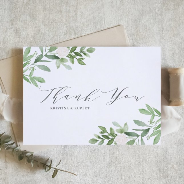 Elegant Greenery and White Flowers Grey Wedding Thank You Card (Creator Uploaded)