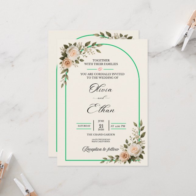 Elegant Greenery Arch Floral Wedding Invitation (Front/Back In Situ)
