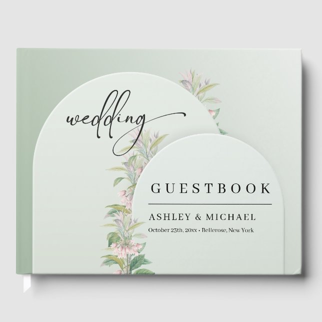 Elegant greenery arch spring blush floral wedding guest book (Front)