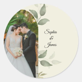 Elegant Greenery Arch Wedding Photo Round Sticker