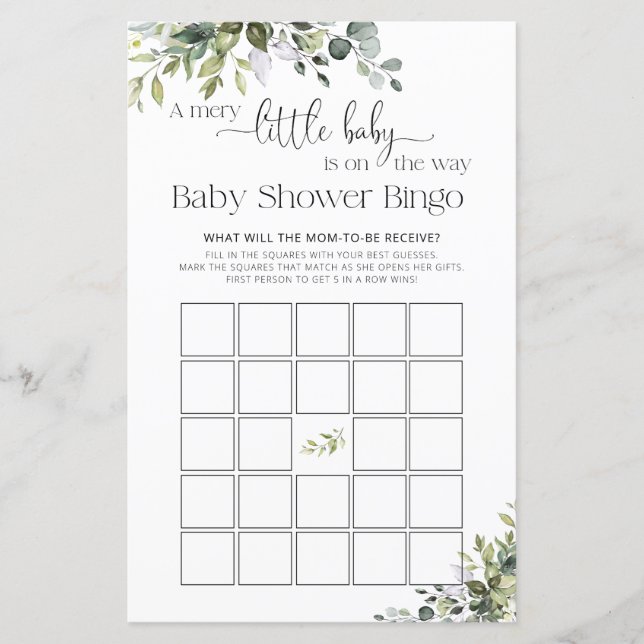Elegant Greenery Baby Shower Game Bingo (Front)