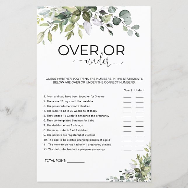 Elegant Greenery Baby Shower Over or Under Game (Front)
