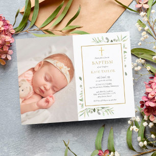 Elegant Greenery Baptism Christening Photo Invitation Postcard