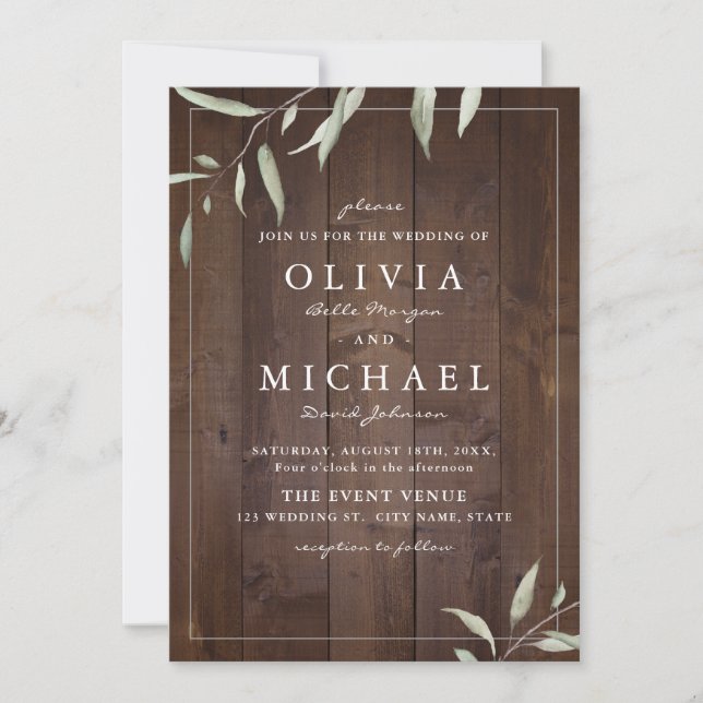 Elegant greenery barn wood county rustic wedding invitation (Front)