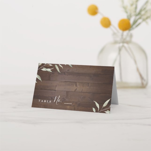 Elegant greenery barn wood county rustic wedding place card (Front)