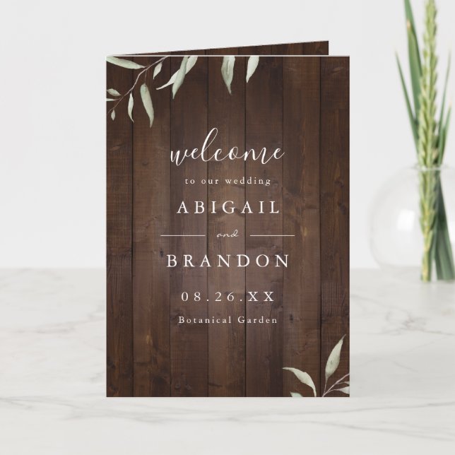 Elegant greenery barn wood county rustic wedding programme (Front)