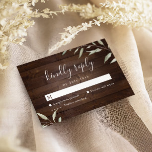 Elegant greenery barn wood county rustic wedding RSVP card