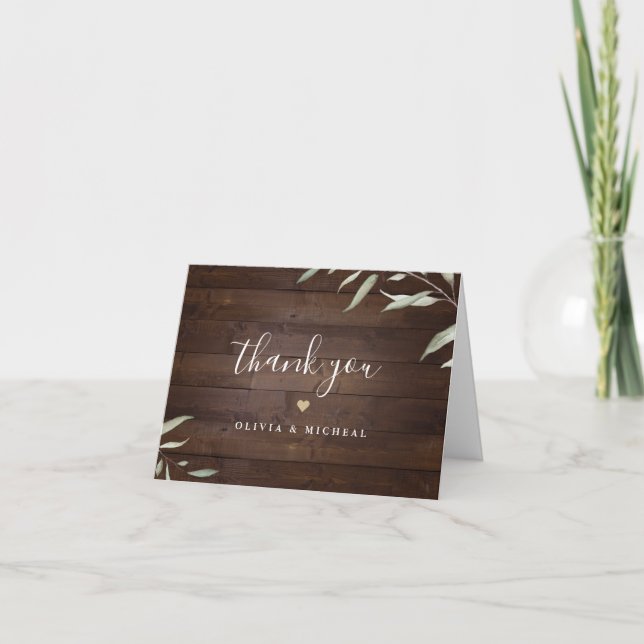 Elegant greenery barn wood county rustic wedding thank you card (Front)
