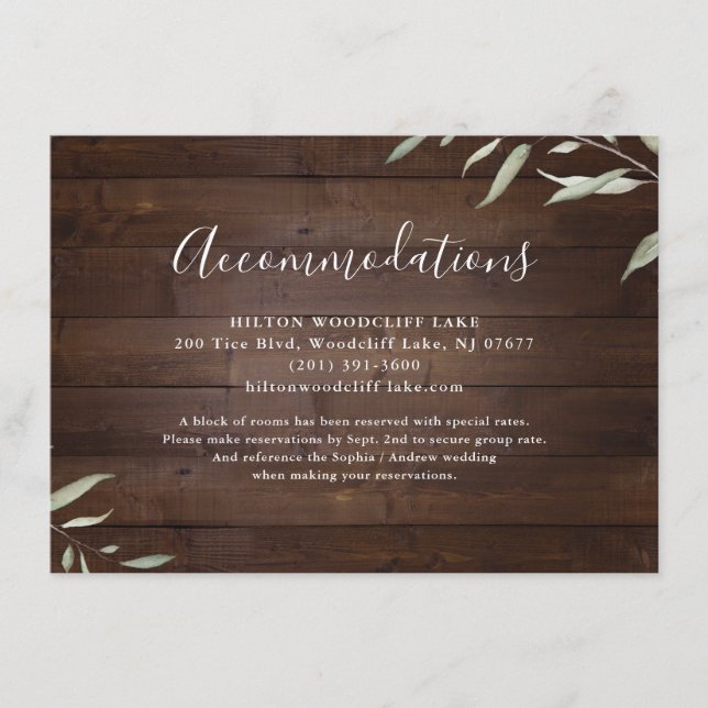 Elegant greenery barn wood rustic accommodations enclosure card (Front)