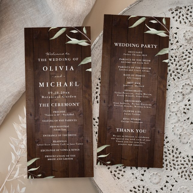 Elegant greenery barn wood rustic wedding program menu (Elegant greenery barn wood rustic wedding program)