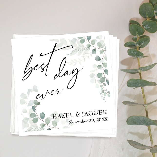 Elegant Greenery Best Day Ever Wedding Napkin (Creator Uploaded)