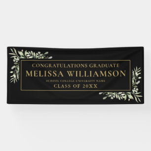 Elegant Greenery Black And Gold Graduation Banner