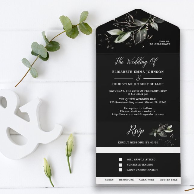 Elegant Greenery  Black Botanical Wedding  All In  All In One Invitation (Creator Uploaded)