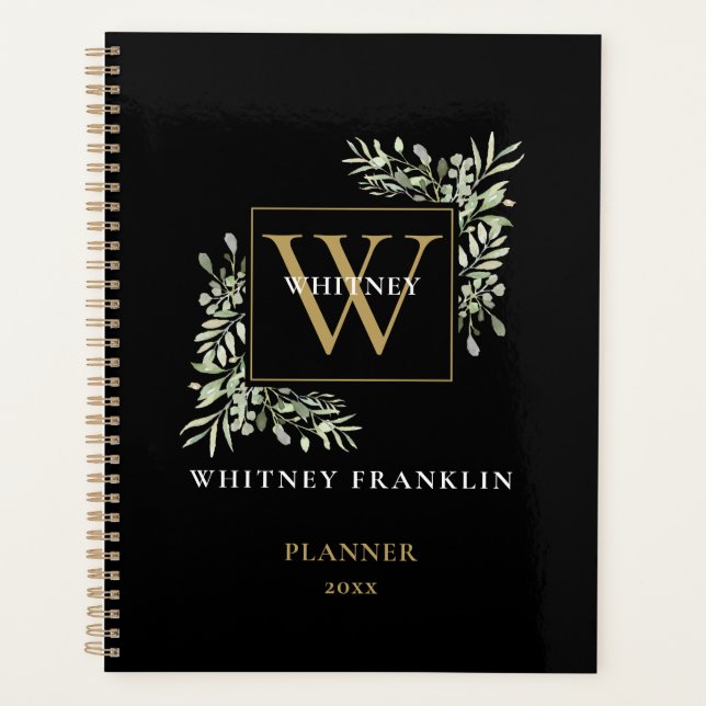 Elegant Greenery Black Gold Monogram 2021 Planner (Front)