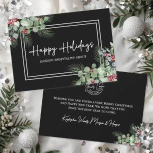 Elegant Greenery Black White Business Logo Holiday Card