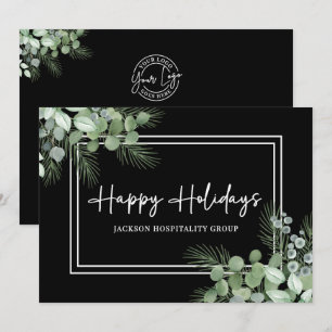 Elegant Greenery Black White Business Logo Holiday Card