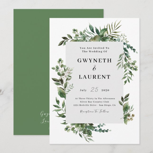 Elegant Greenery Border  Wedding  Invitation (Front/Back)