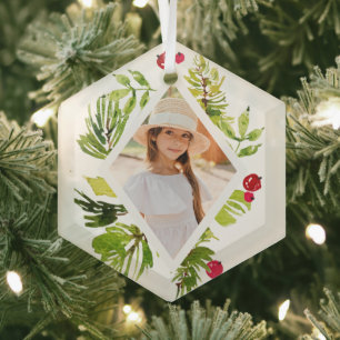 Elegant Greenery Botanical Photo Holiday Glass Tree Decoration