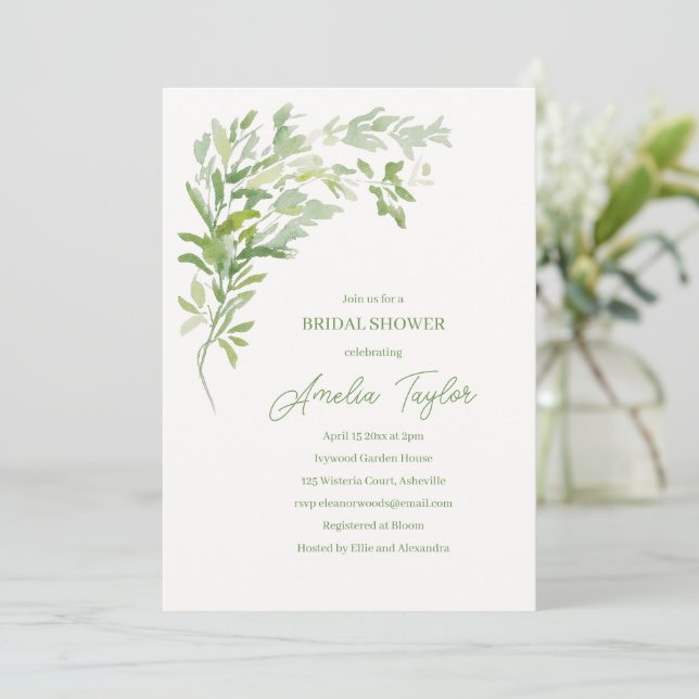 Elegant Greenery Botanical Spring Bridal Shower Invitation (Standing Front)