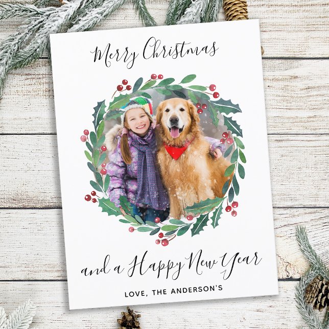 Elegant Greenery Botanical Wreath Christmas Photo Holiday Postcard (Creator Uploaded)