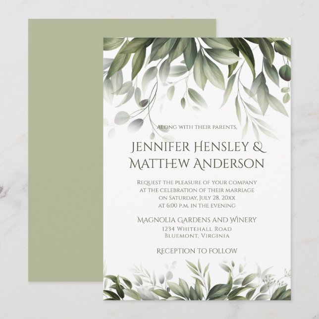 Elegant Greenery Botanicals - Light Olive Green Invitation (Front/Back)