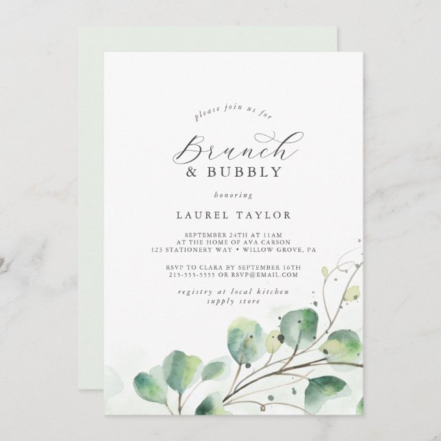 Elegant Greenery Brunch and Bubbly Bridal Shower Invitation (Front/Back)