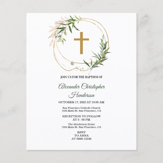 Elegant Greenery/BUDGET/Baptism Invitation. (Front)