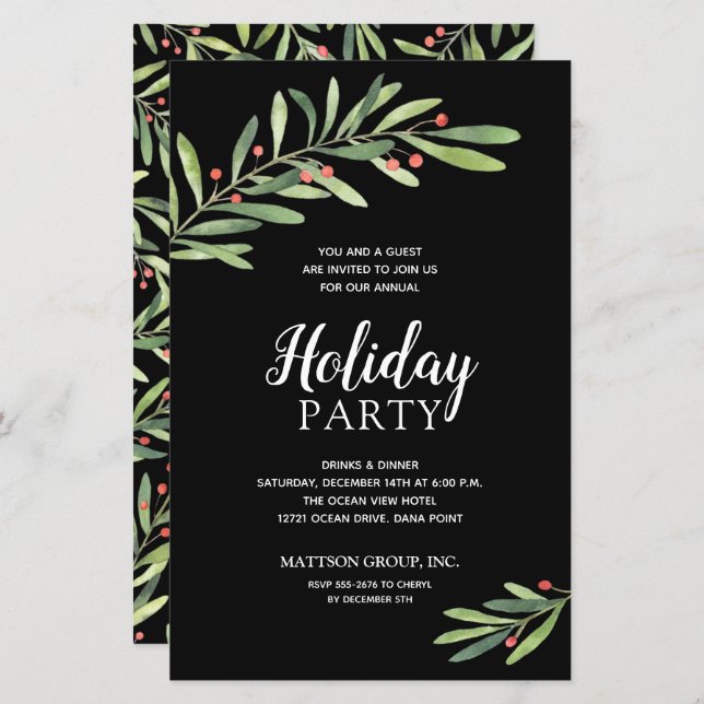 Elegant Greenery Budget Black Holiday Invitations (Front/Back)