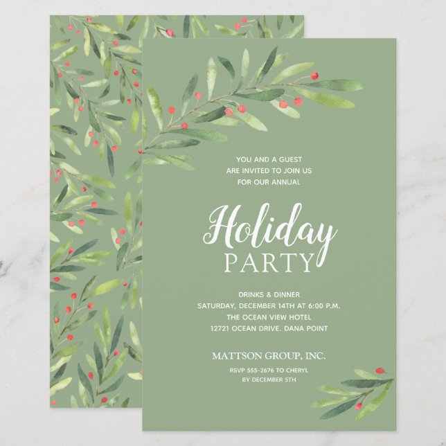 Elegant Greenery Budget Holiday Invitations (Front/Back)