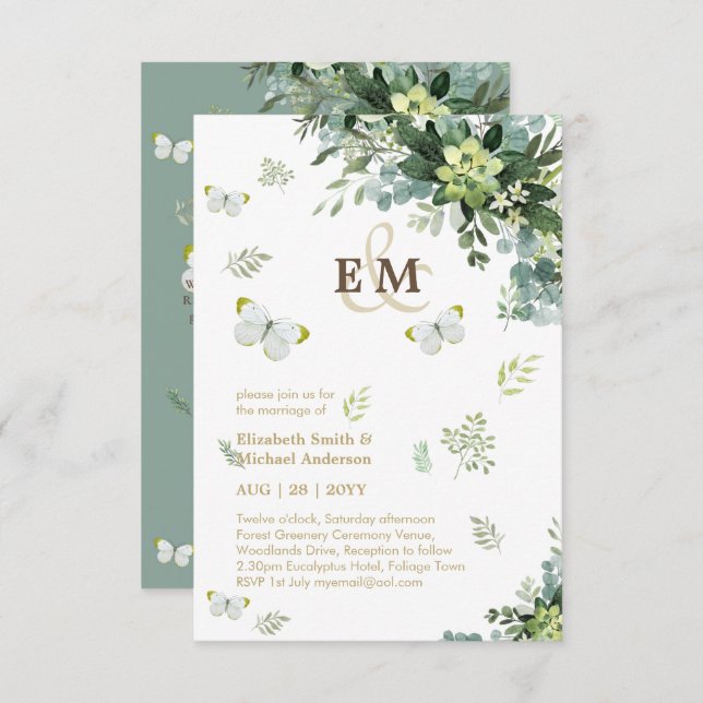 Elegant Greenery Butterflies Monogram Wedding Inv (Front/Back)