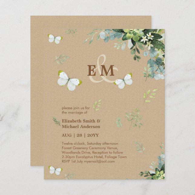 Elegant Greenery Butterflies Wedding Invitations (Front/Back)