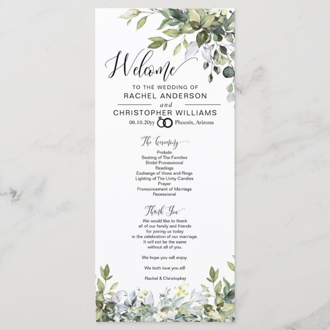 Elegant Greenery Calligraphy Wedding Program Menu (Front)